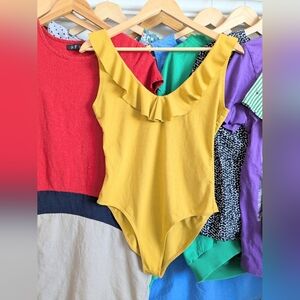 Mustard Yellow SPRING Ruffle Neck Bodysuit | Sleeveless Stretch One-Piece Top